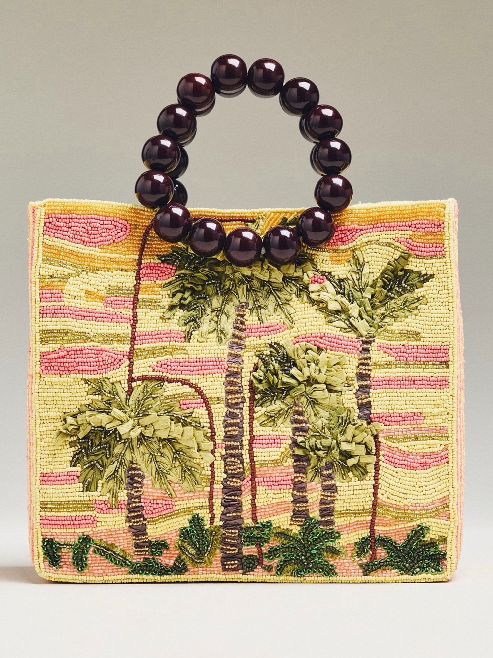 NWT new Anthropologie wood bead bracelet beaded bag purse palm trees Yellow Pink
